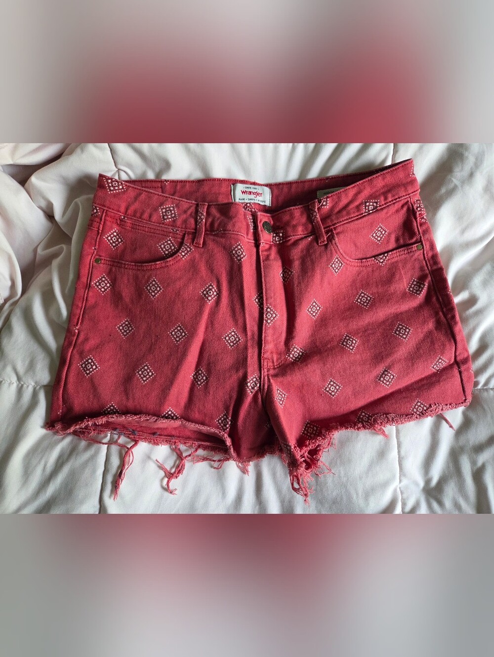 Wrangler Red Bandana-Print Frayed Denim Shorts